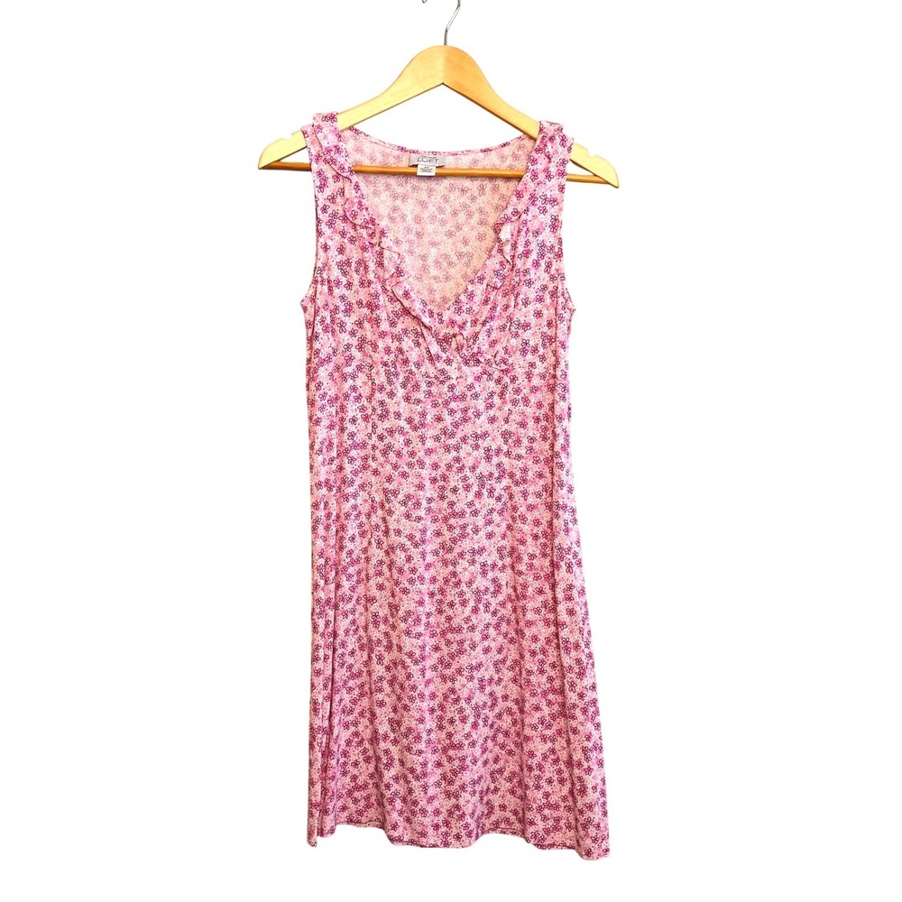 Ann Taylor Loft Vintage Pink Floral Ruffle V Neck Sleeveless Feminine Dress 4P